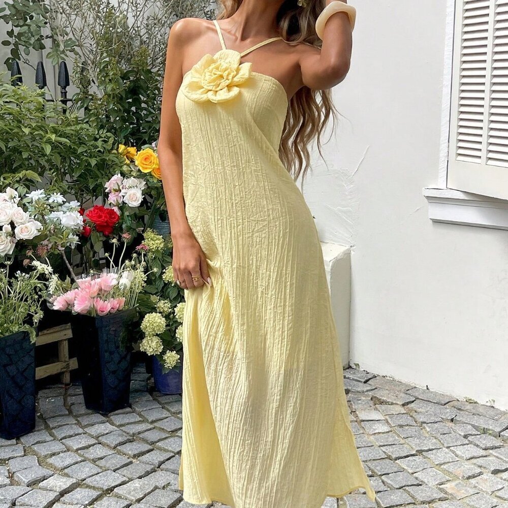 Yellow Casual Bohemian Women's Floral Halter Maxi Dress - Picture 5 of 6